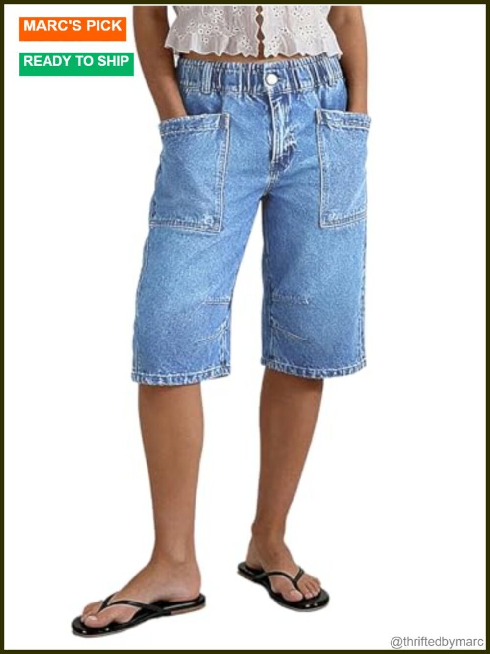High Rise Straight Leg Bermuda Shorts Elastic Waist Cotton Blend